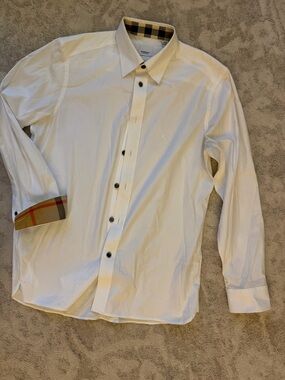 Burberry White Dress Shirt with Signature Plaid Trim